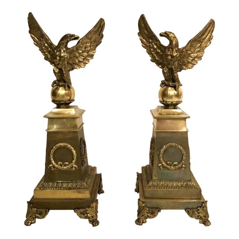 19th Century Pair of Antique French Empire Eagle Andirons For Sale
