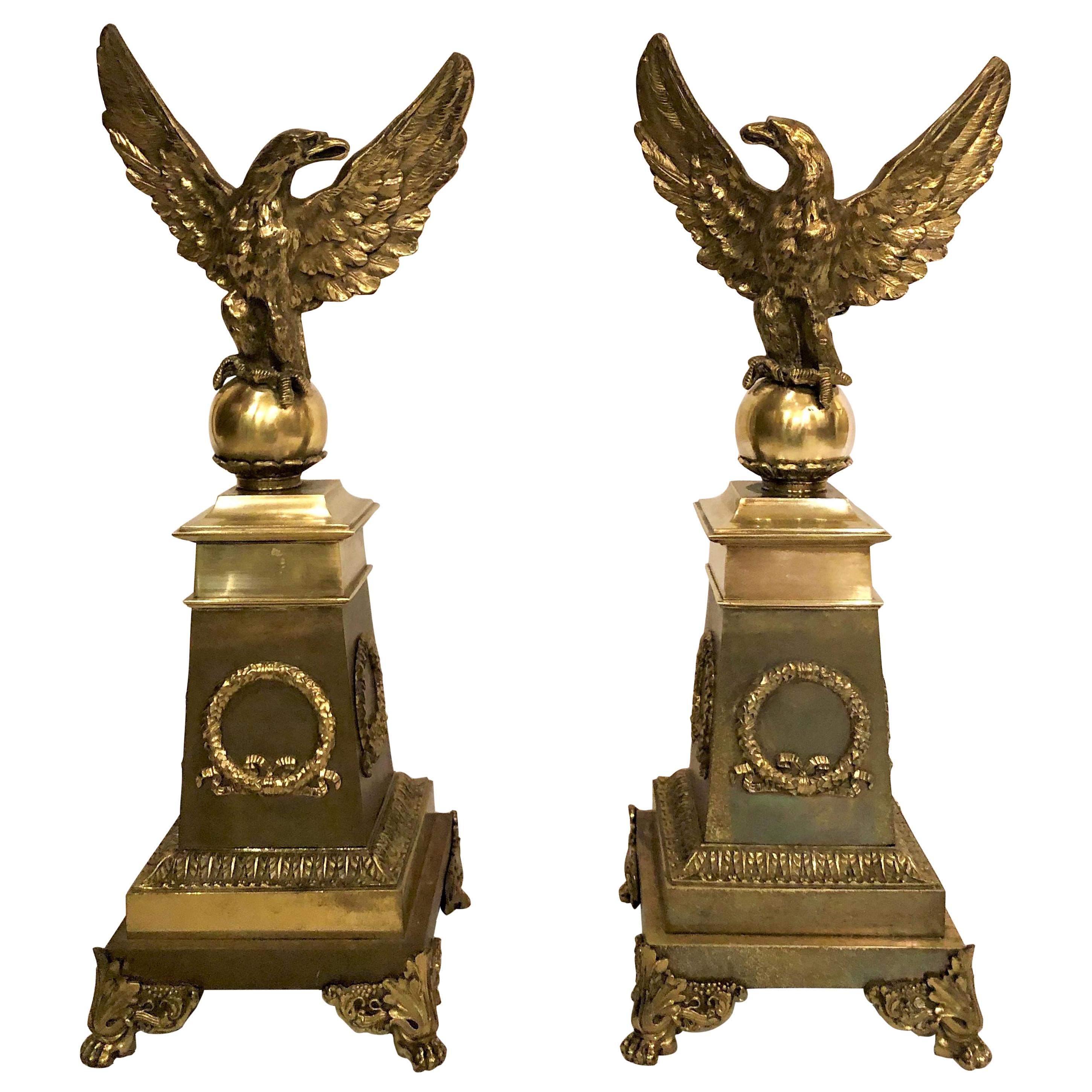 Pair of Antique French Empire Eagle Andirons For Sale