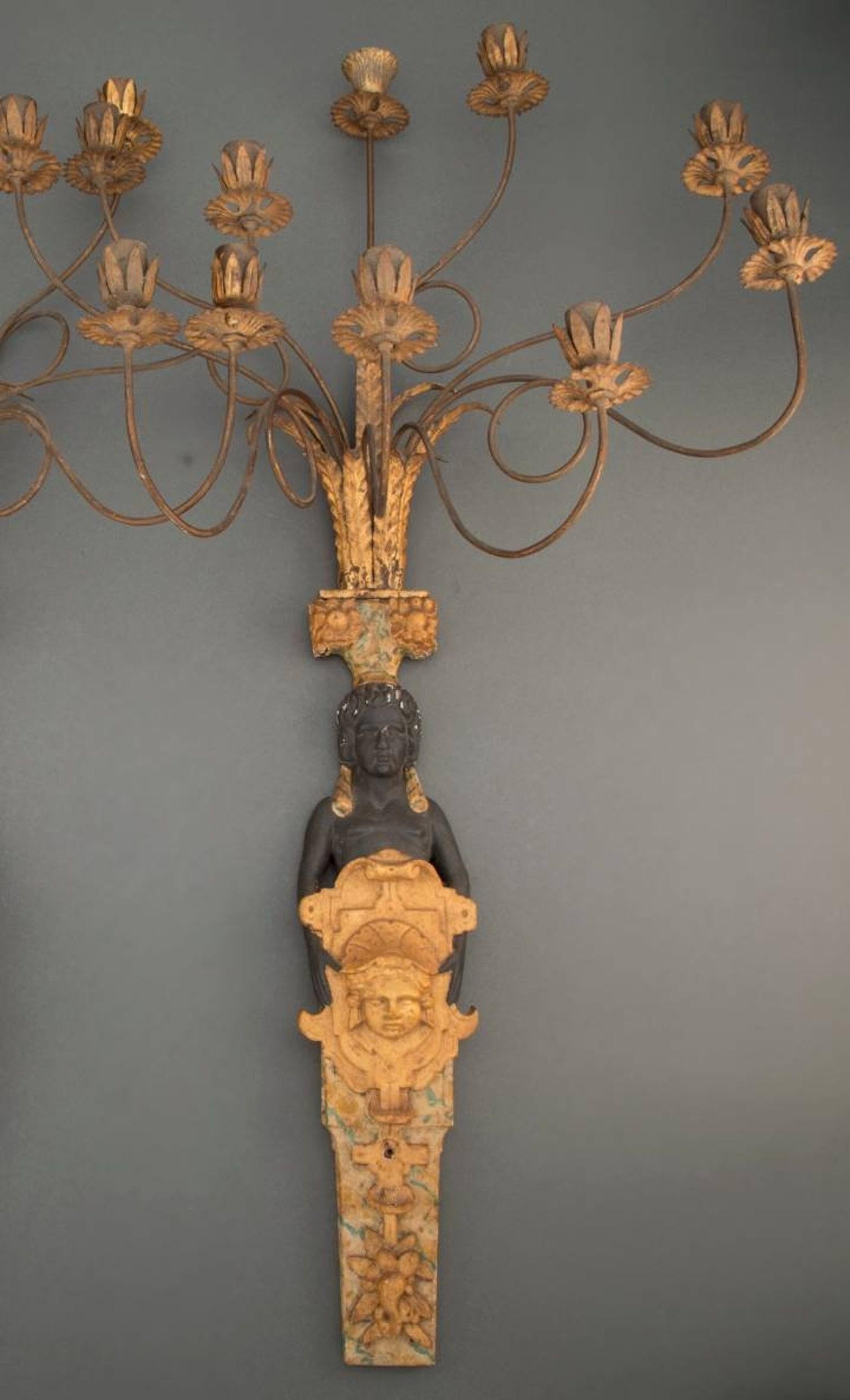 Polychromed Pair of Antique French Empire Egyptian Revival Gilt Wood Candle Sconces For Sale