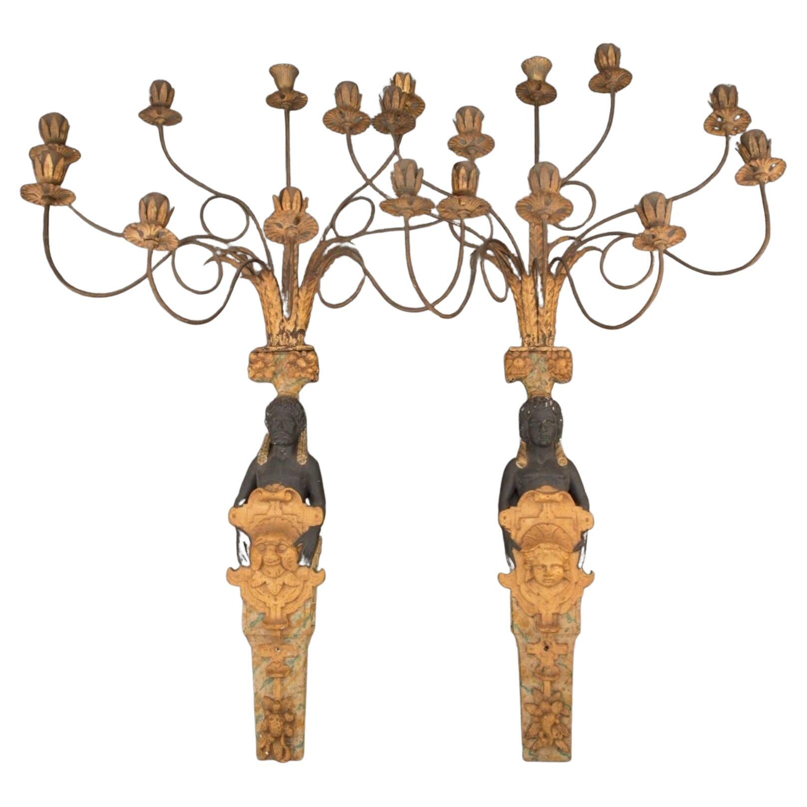 Pair of Antique French Empire Egyptian Revival Gilt Wood Candle Sconces For Sale