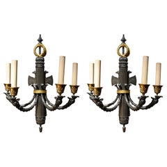Pair of Antique French Empire Gold and Patinated Bronze Sconces