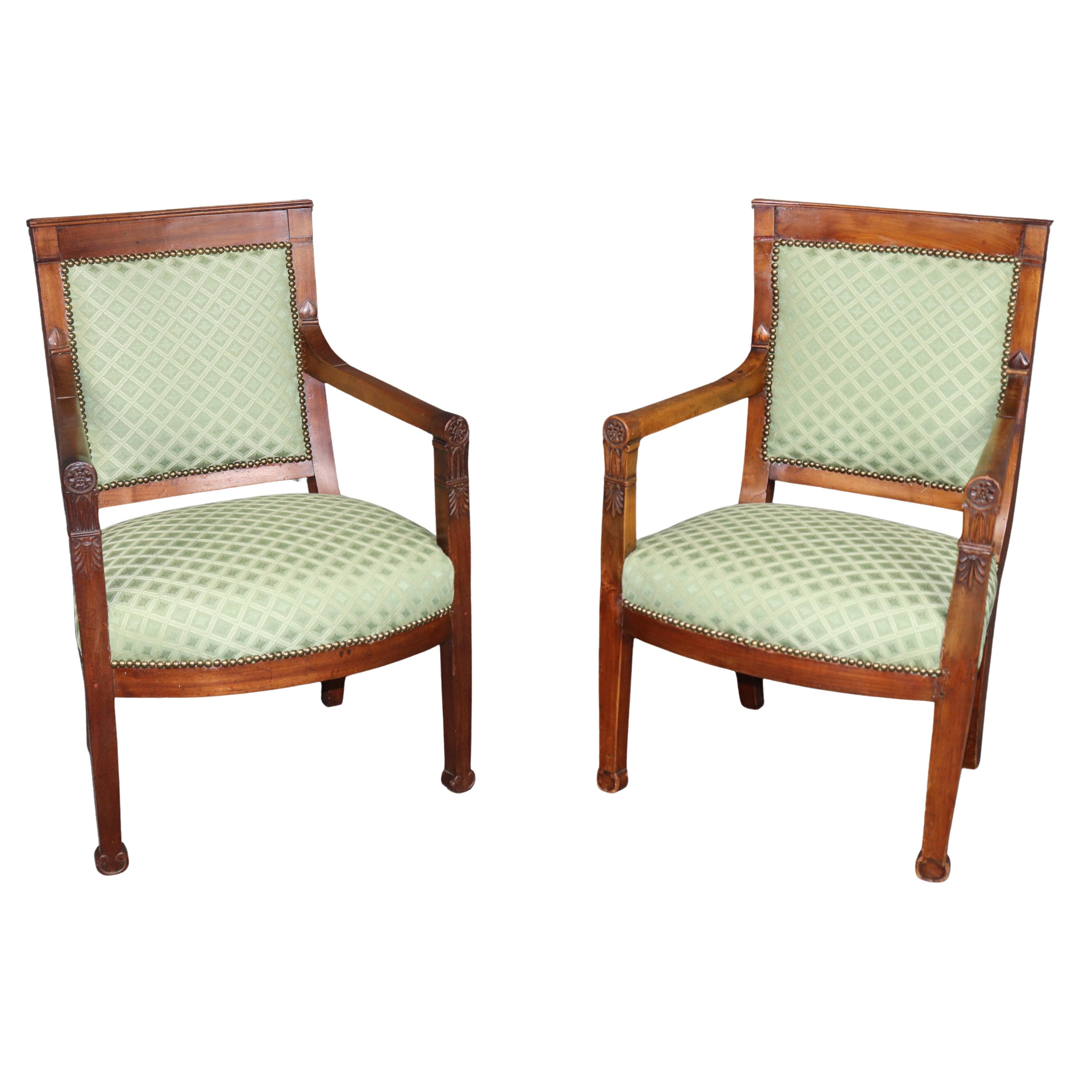 Pair of Antique French Empire Mahogany Carved Armchairs