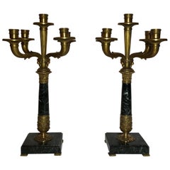 Pair of Antique French Empire Marble and Bronze Candelabra