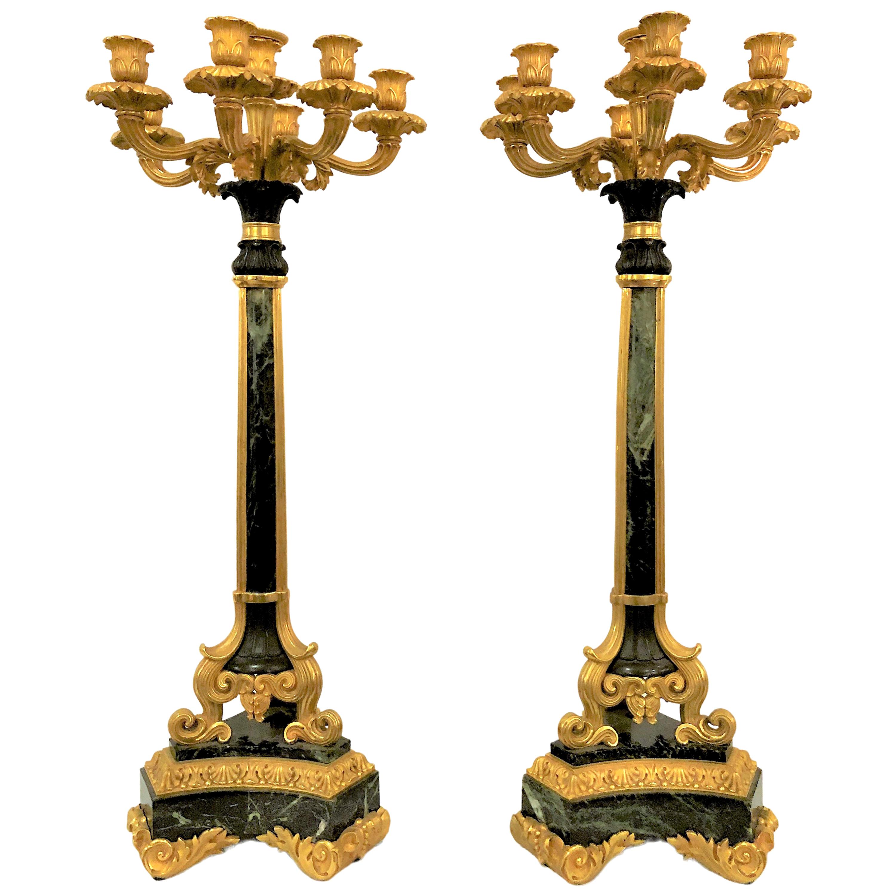 Pair of Antique French Empire Marble and Bronze D'ore Candelabra