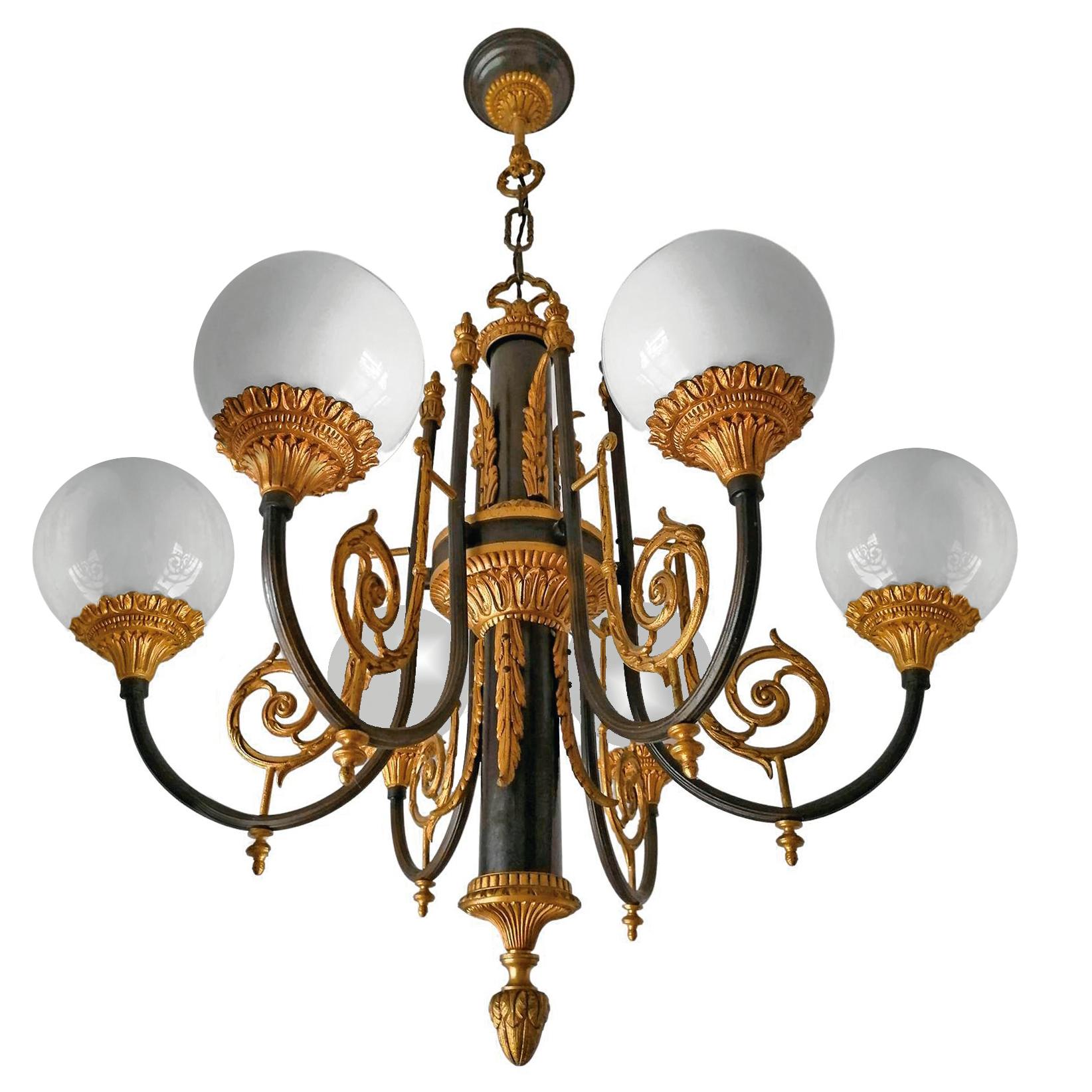 Pair of Antique French Empire Neoclassical Chandelier w Gilt & Patina Bronze PPU For Sale 4
