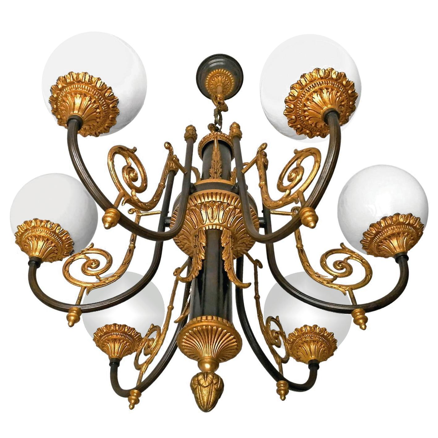 Pair of Antique French Empire Neoclassical Chandelier w Gilt & Patina Bronze PPU For Sale 5