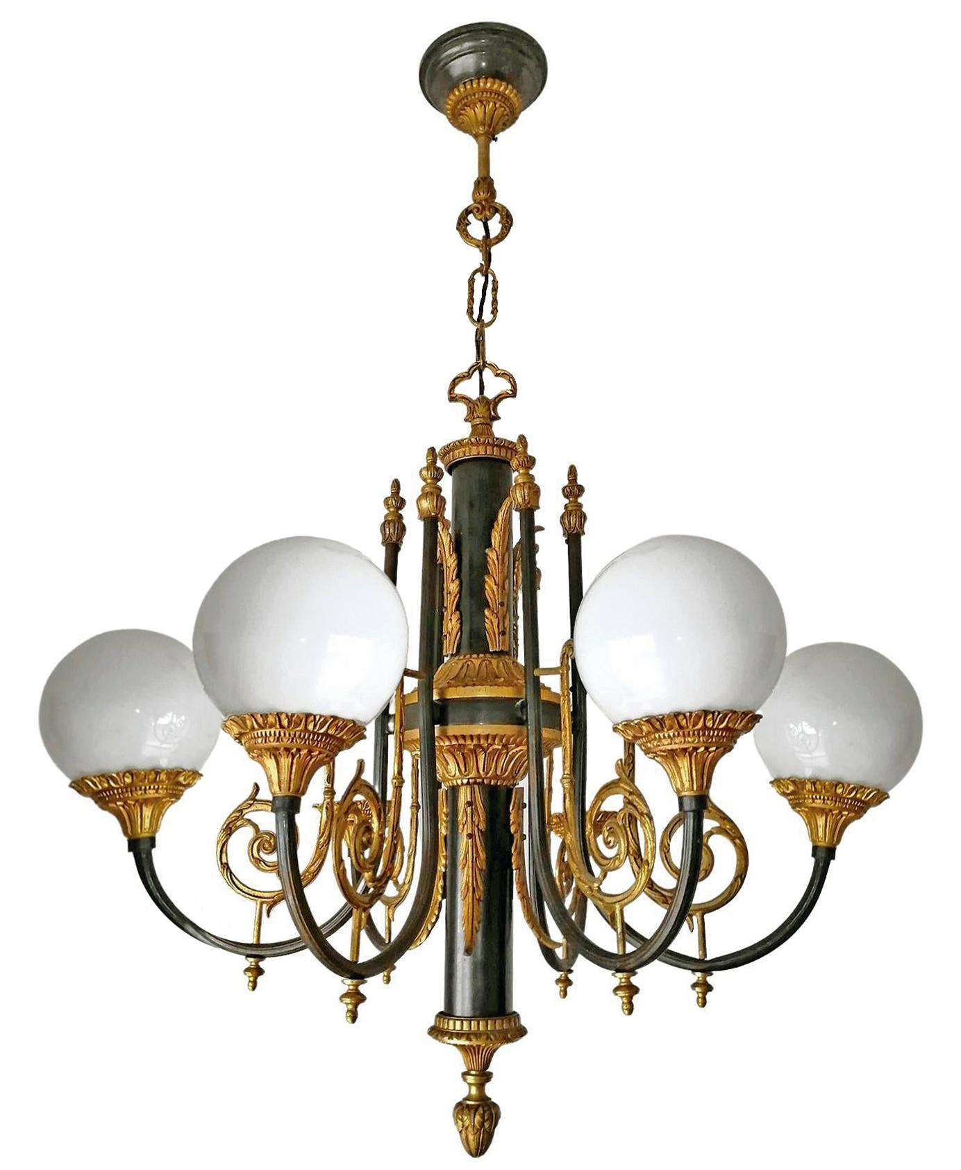 Pair of Antique French Empire Neoclassical Chandelier w Gilt & Patina Bronze PPU For Sale 6