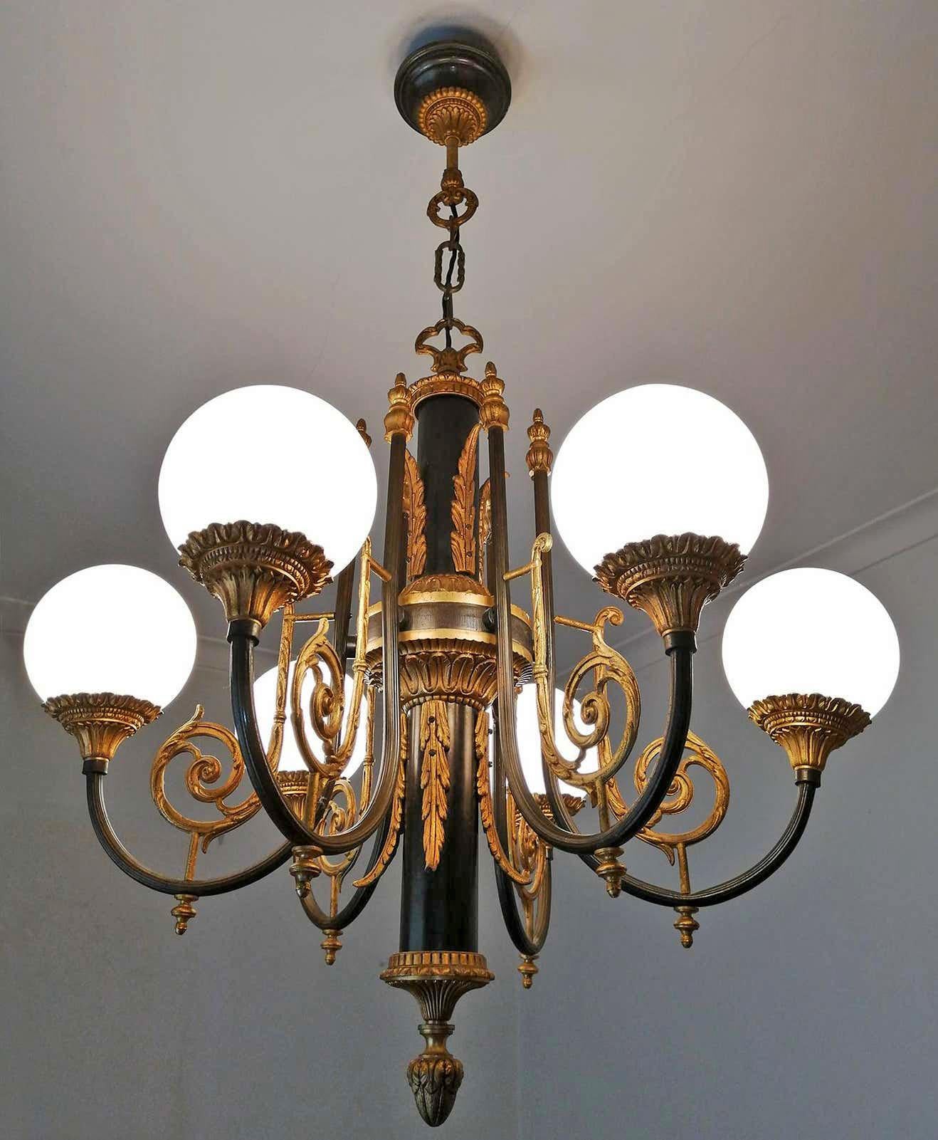 Pair of Antique French Empire Neoclassical Chandelier w Gilt & Patina Bronze PPU For Sale 7