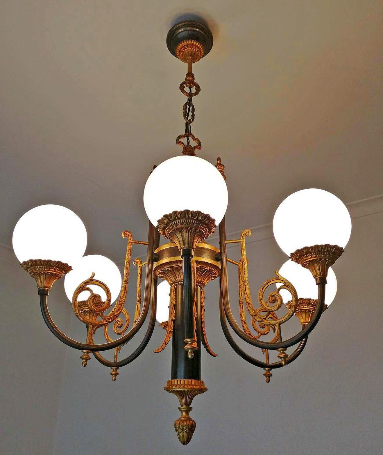 Pair of Antique French Empire Neoclassical Chandelier w Gilt & Patina Bronze PPU For Sale 8