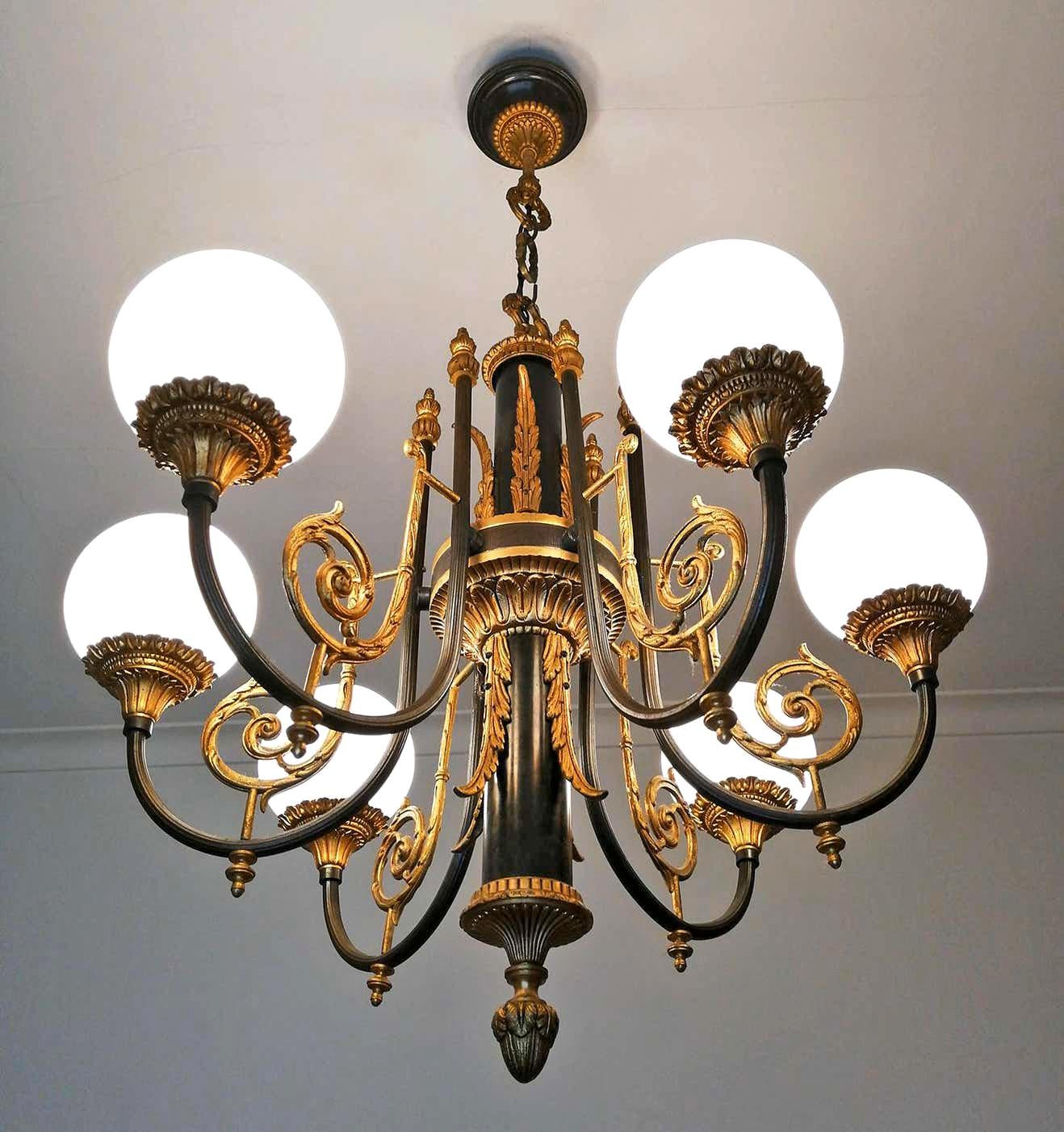 Pair of Antique French Empire Neoclassical Chandelier w Gilt & Patina Bronze PPU For Sale 9