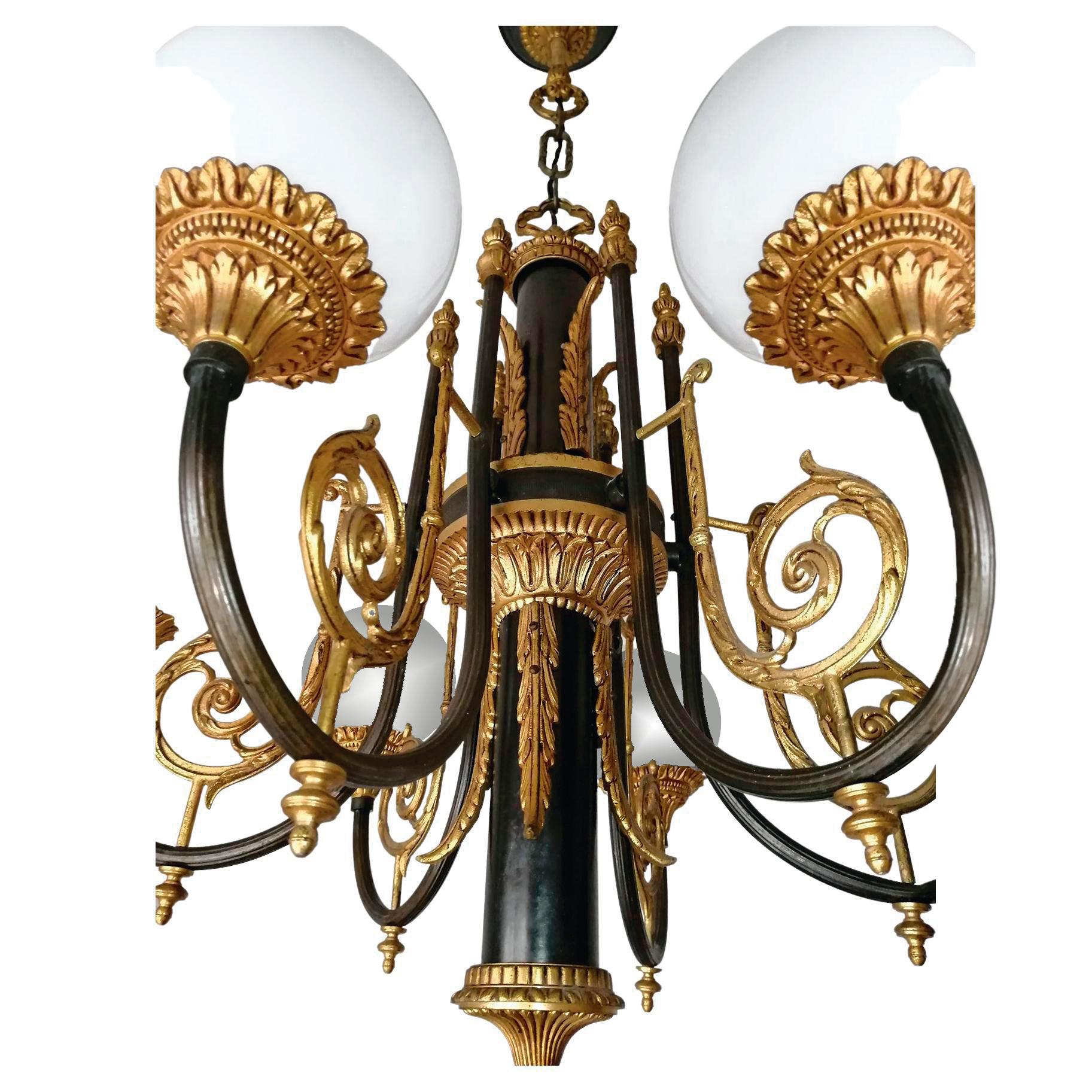 Paar antike französische Empire-Kronleuchter im neoklassizistischen Stil mit vergoldeter und Patina-Bronze, PPU im Angebot 9