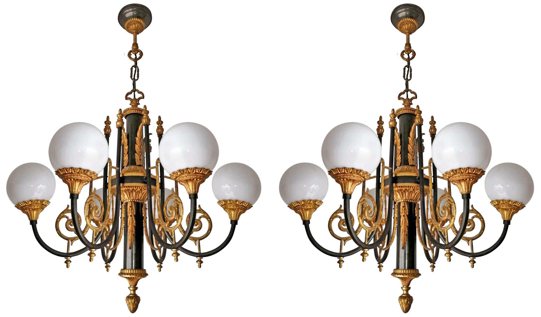 Spectacular Pair of neoclassical French Empire gilt bronze 6-light chandelier, patina and gold-plated solid bronze and Opaline Globe

Dimensions:
Height 39.38 in. (100 cm)
Diameter 27.56 in. (70 cm)
Glass shades, 6 in (15 cm)
6-light bulbs E