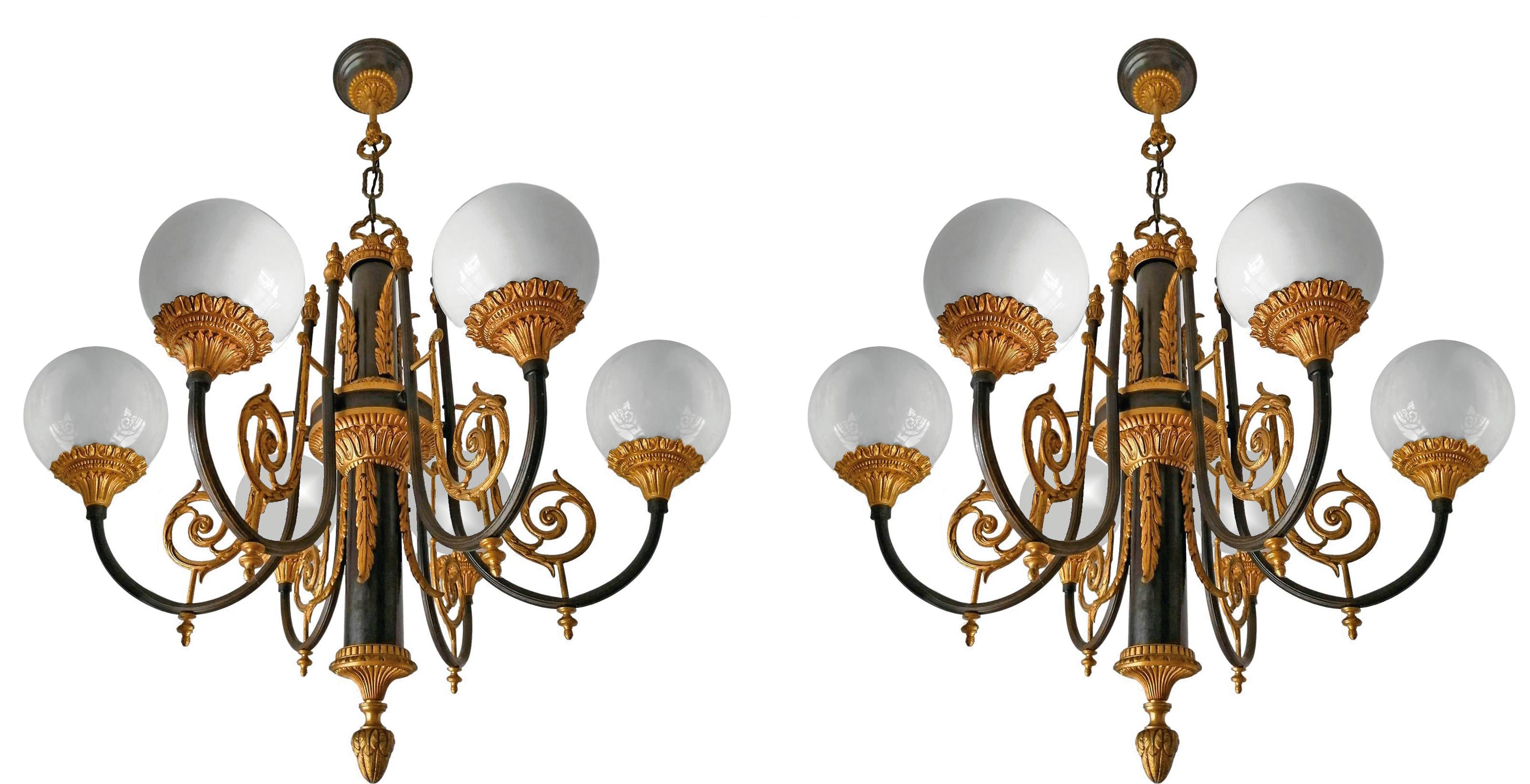 Art Deco Pair of Antique French Empire Neoclassical Chandelier w Gilt & Patina Bronze PPU For Sale