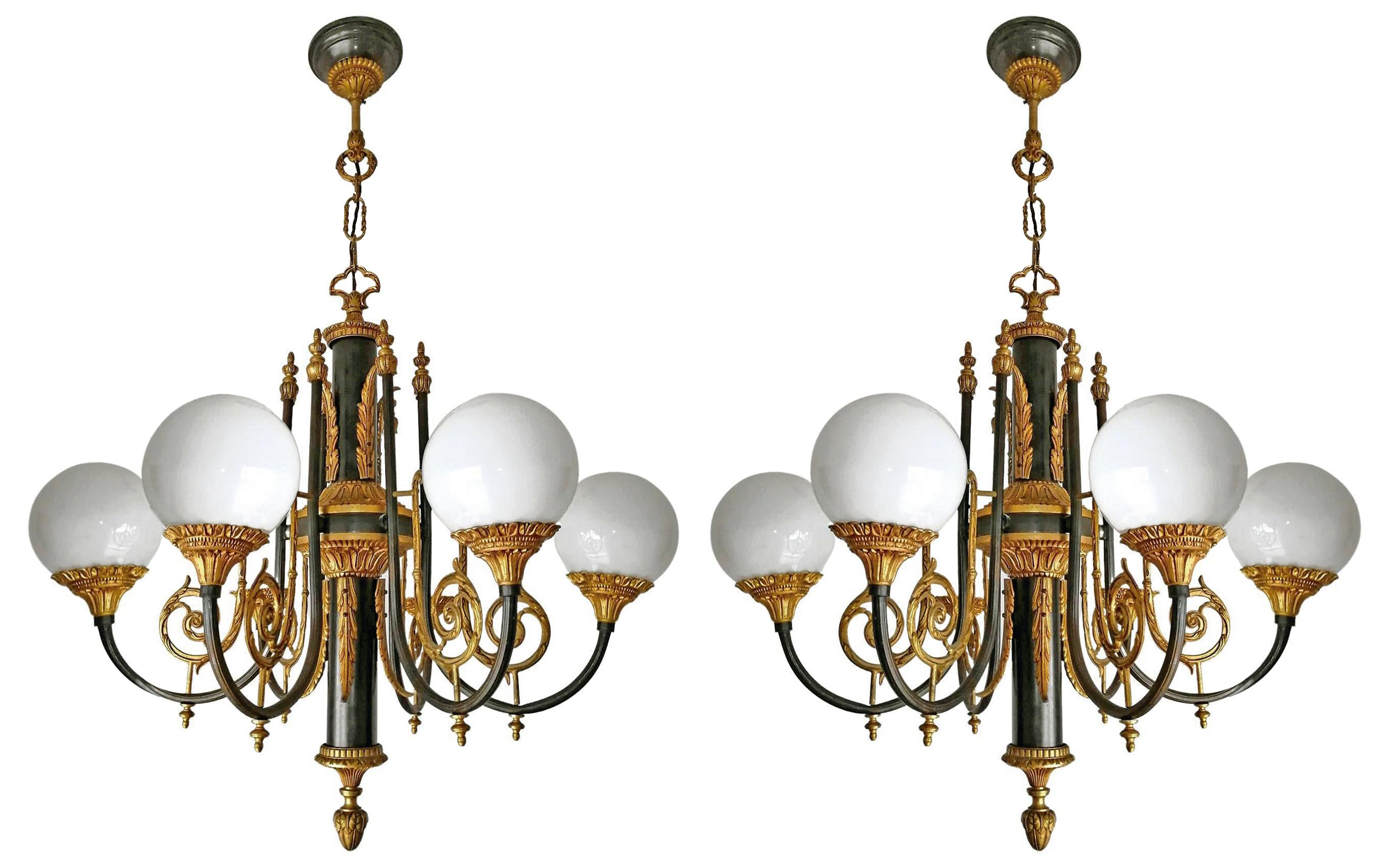 20th Century Pair of Antique French Empire Neoclassical Chandelier w Gilt & Patina Bronze PPU For Sale