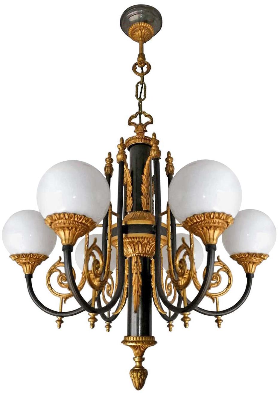 Pair of Antique French Empire Neoclassical Chandelier w Gilt & Patina Bronze PPU For Sale 1