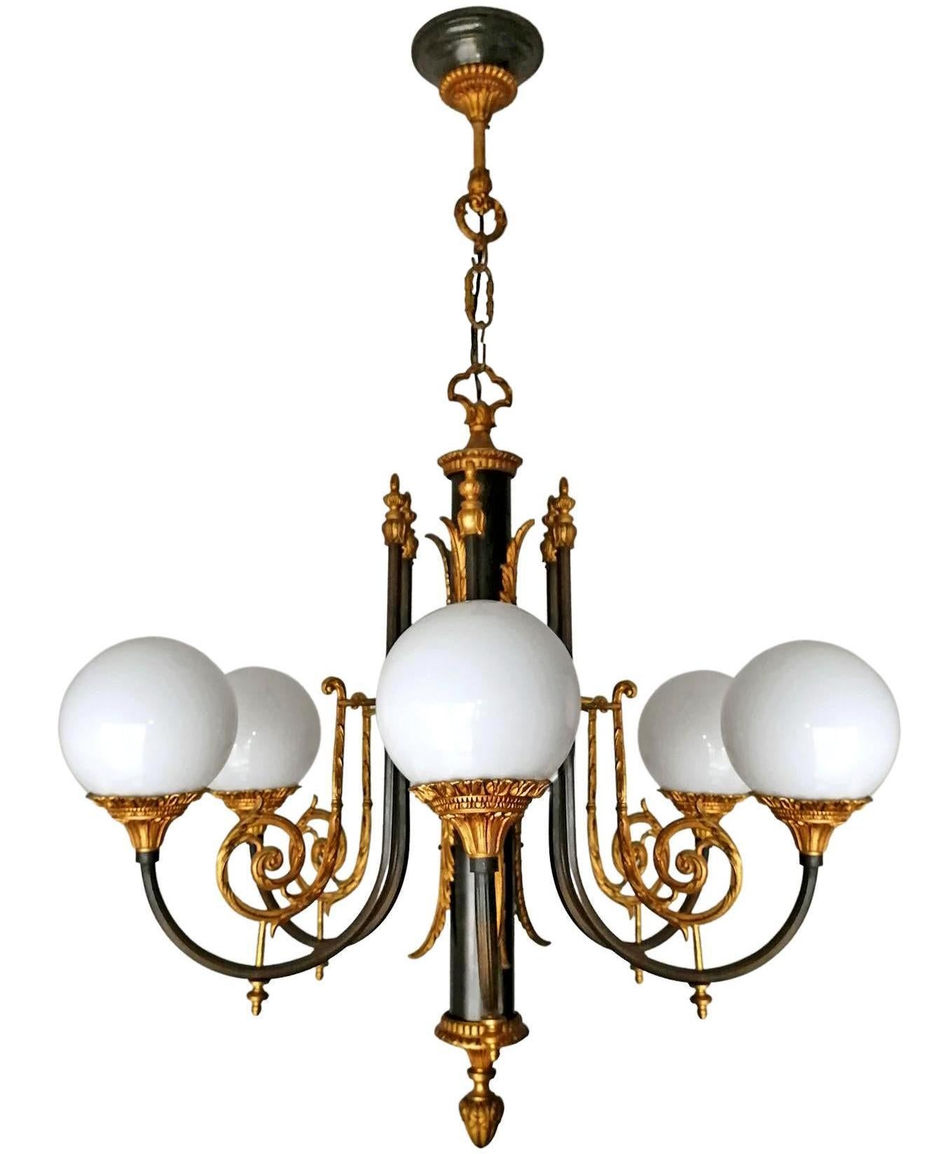 Pair of Antique French Empire Neoclassical Chandelier w Gilt & Patina Bronze PPU For Sale 3