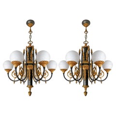 Pair of Antique French Empire Neoclassical Gilt & Patina Bronze Globe Chandelier