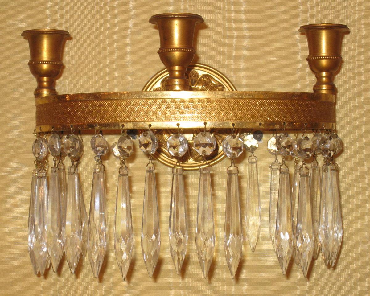 Pair of Antique French Empire Style Bronze and Crystal Wall Sconces
Stock Number: L270