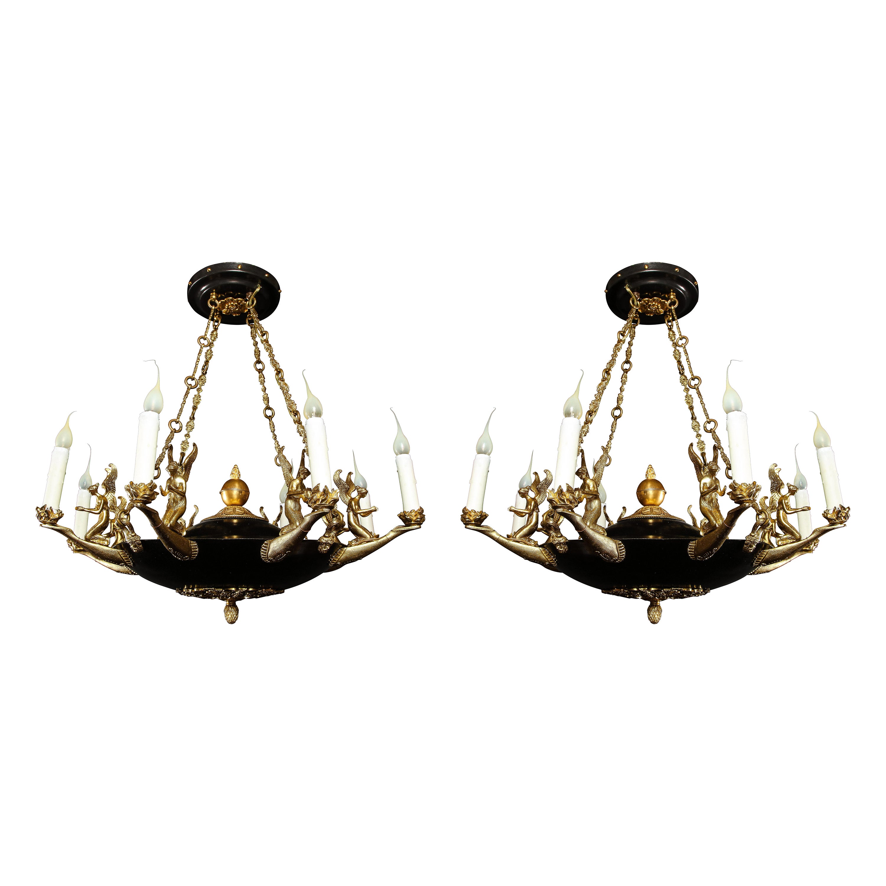 Pair of Antique French Empire Style Figural Gilt & Patina Bronze Chandeliers