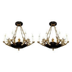 Pair of Antique French Empire Style Figural Gilt & Patina Bronze Chandeliers