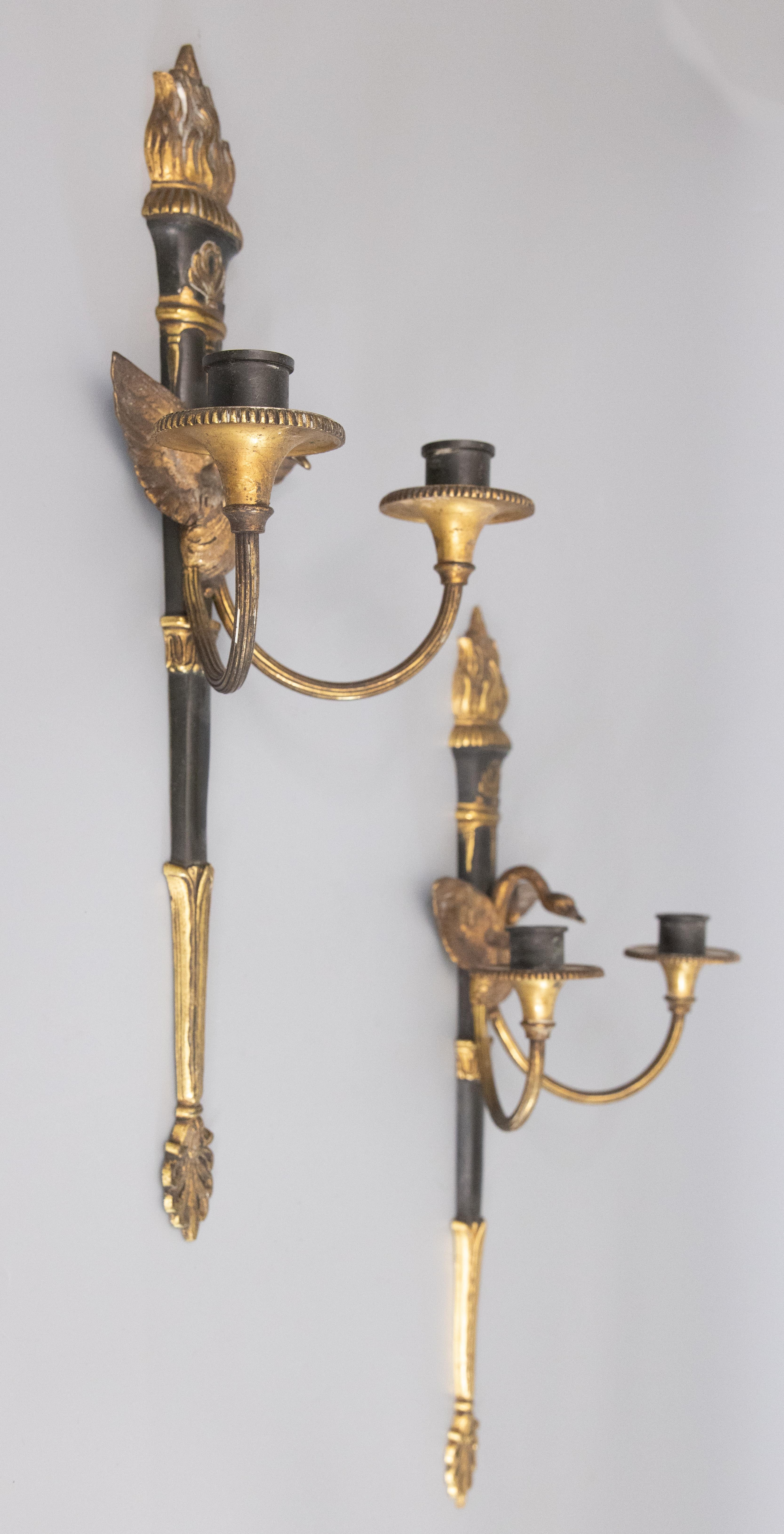 Pair of Antique French Empire Style Gilt Bronze Sconces With Swans & Torches In Good Condition In Pearland, TX