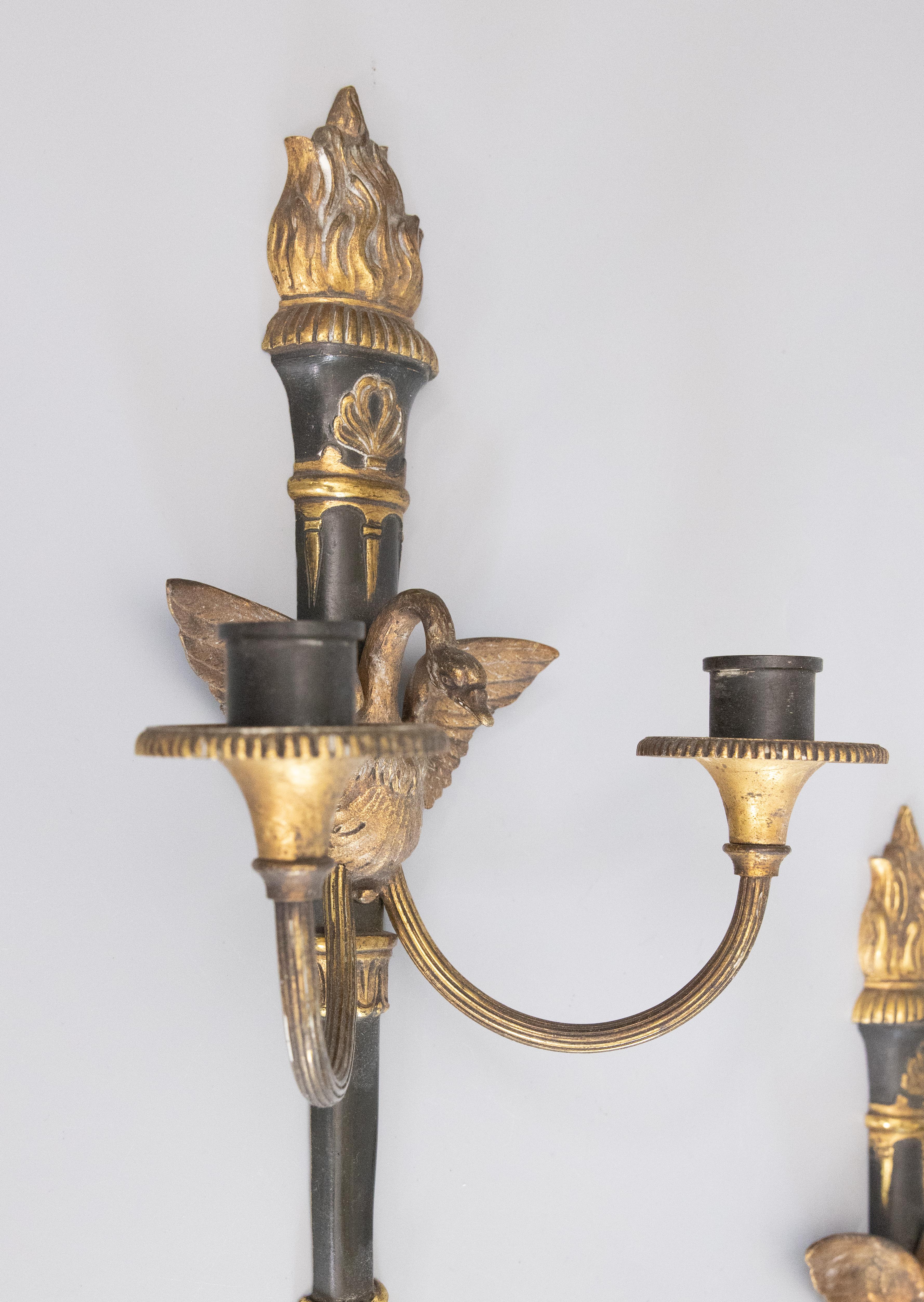 Early 20th Century Pair of Antique French Empire Style Gilt Bronze Sconces With Swans & Torches