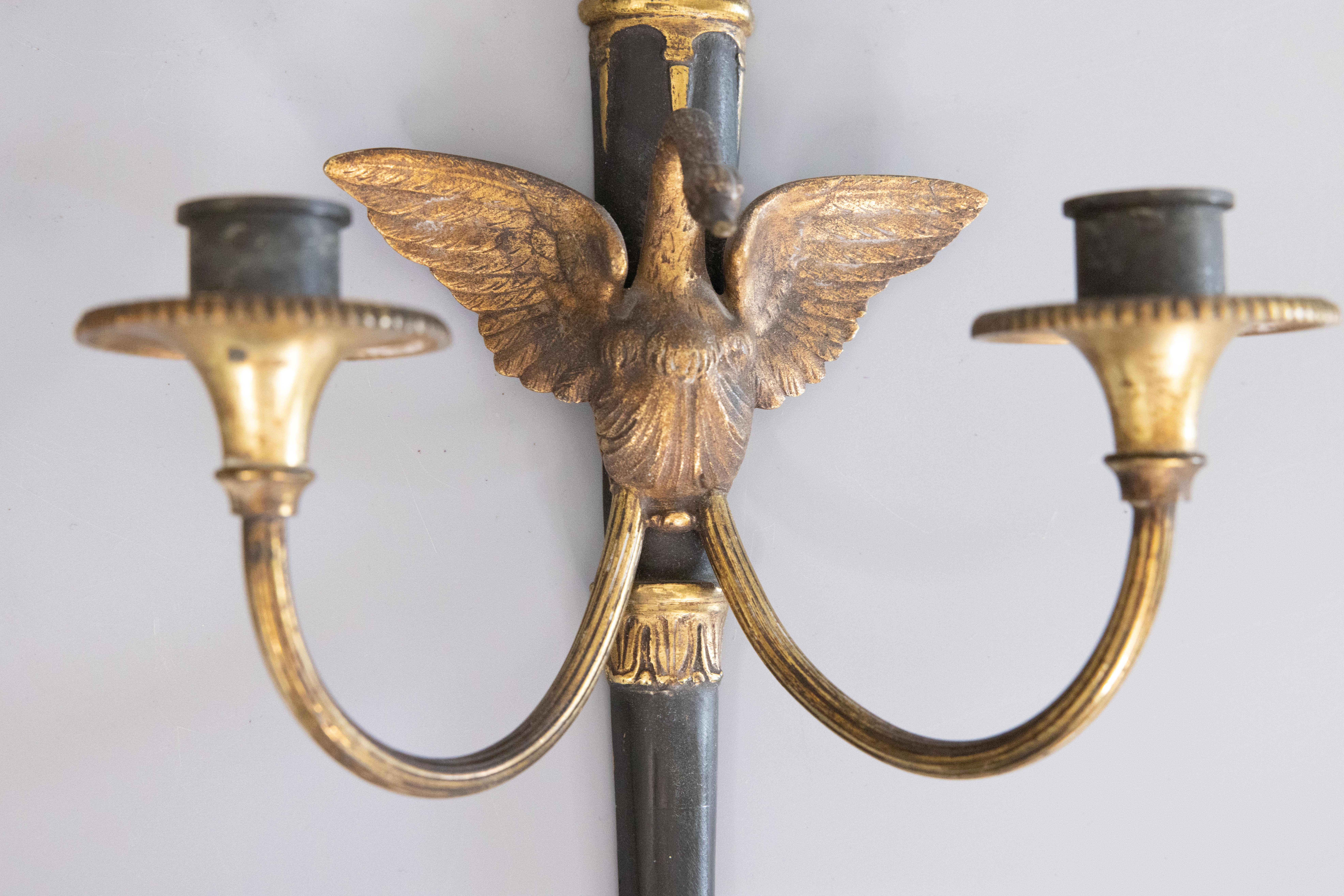 Pair of Antique French Empire Style Gilt Bronze Sconces With Swans & Torches 1