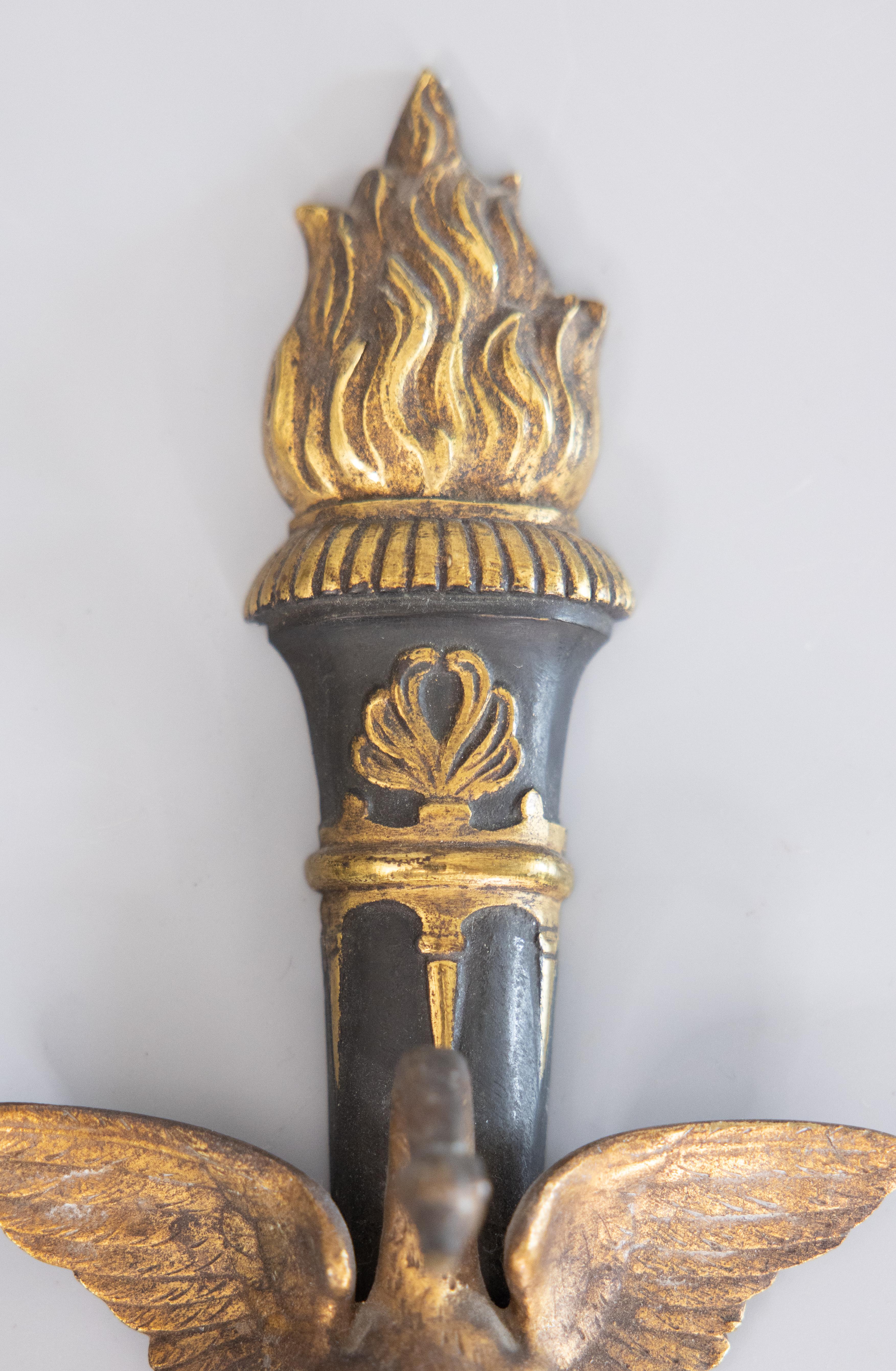 Pair of Antique French Empire Style Gilt Bronze Sconces With Swans & Torches 2