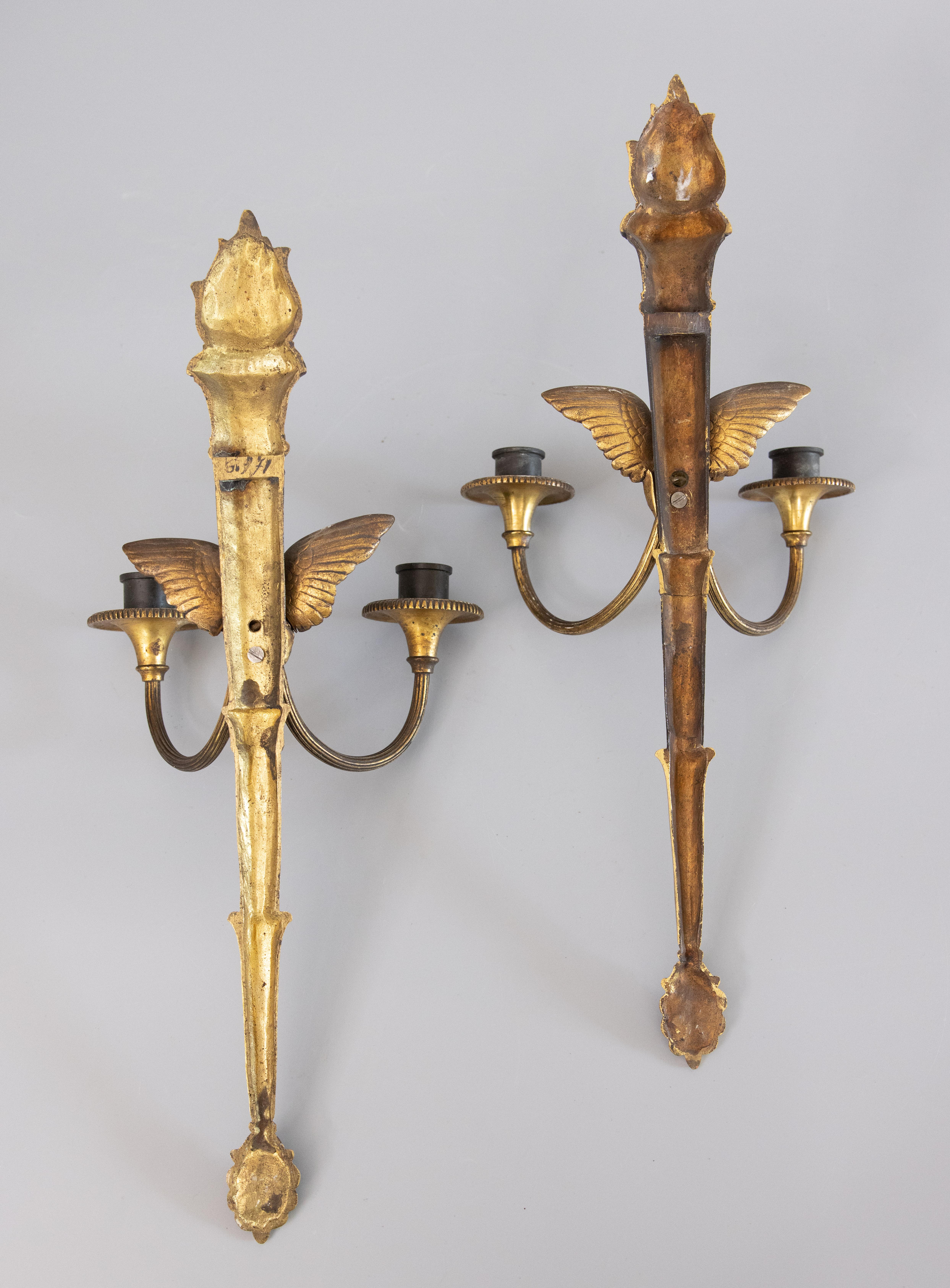 Pair of Antique French Empire Style Gilt Bronze Sconces With Swans & Torches 4