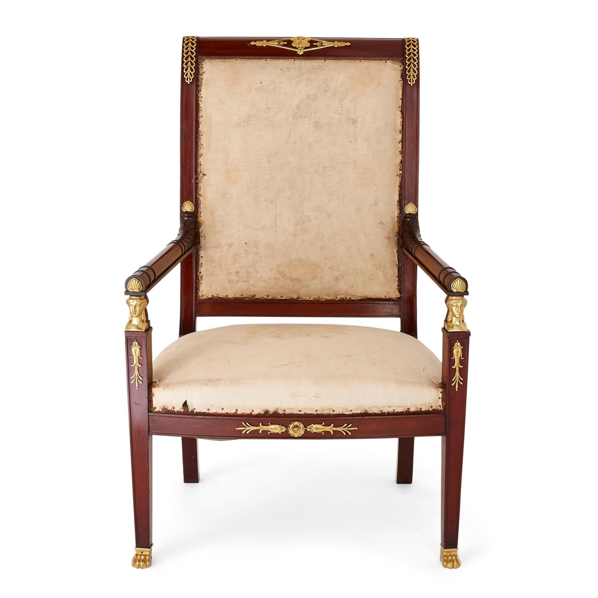 Pair of Antique French Empire Style Mahogany and Gilt Bronze Armchairs In Good Condition For Sale In London, GB