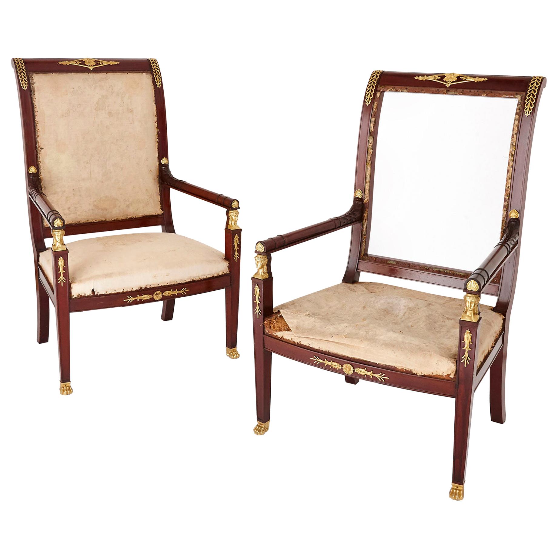 Pair of Antique French Empire Style Mahogany and Gilt Bronze Armchairs