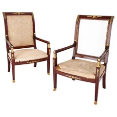 Pair of Antique French Empire Style Mahogany and Gilt Bronze Armchairs