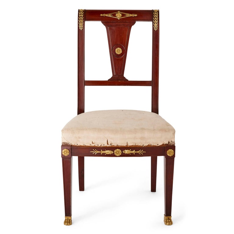 19th Century Pair of Antique French Empire Style Mahogany and Gilt Bronze Chairs For Sale