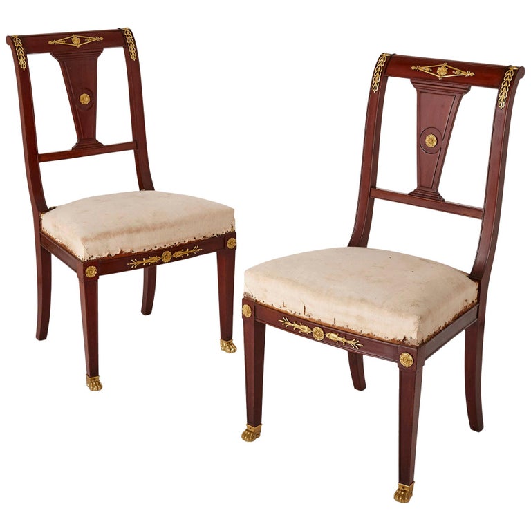 Pair of Antique French Empire Style Mahogany and Gilt Bronze Chairs For Sale