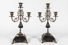 Pair of Antique French Empire Style Marble and Brass Candelabras