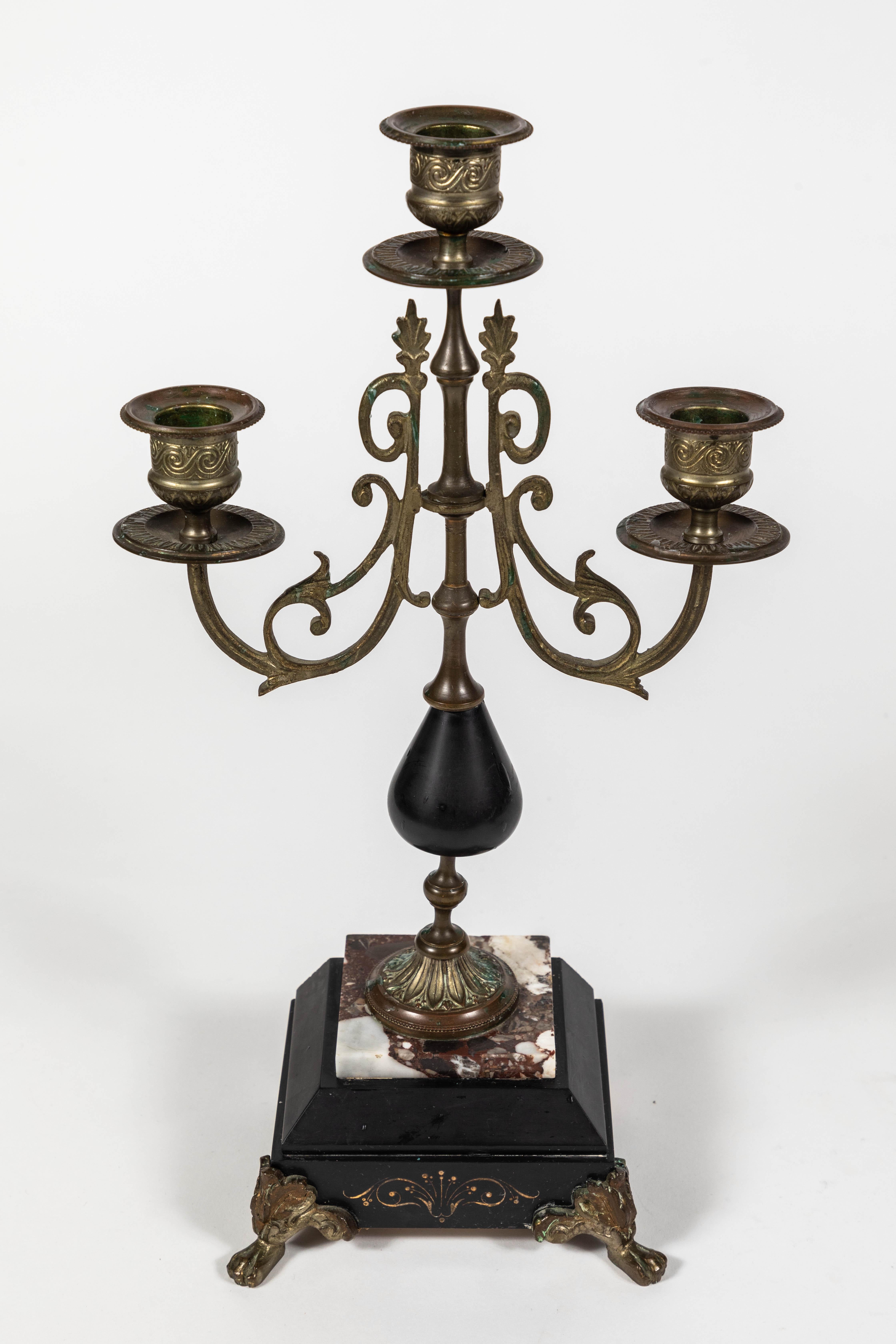 Pair of Antique French Empire Style Marble and Brass Candelabras In Good Condition In Pasadena, CA