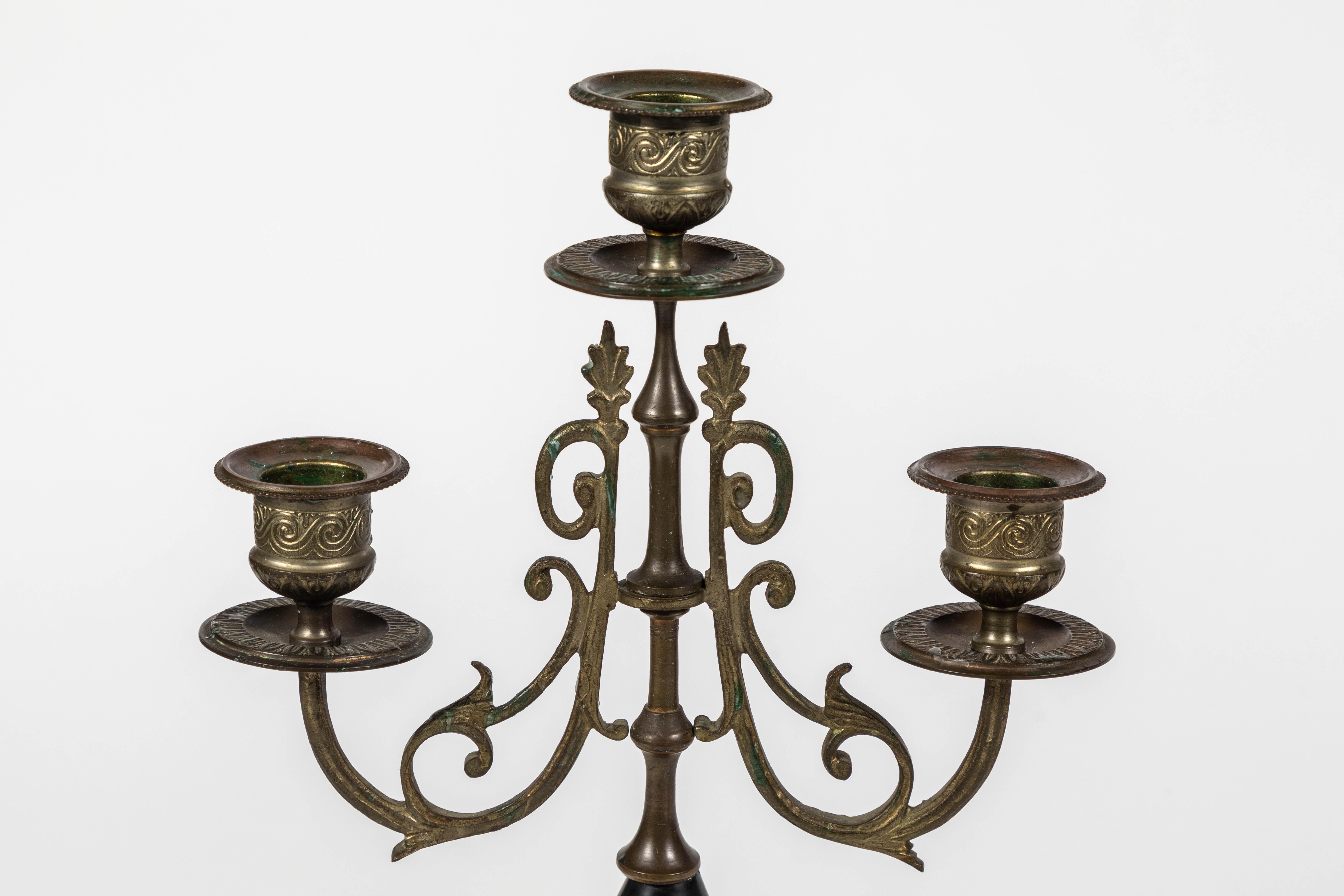 20th Century Pair of Antique French Empire Style Marble and Brass Candelabras