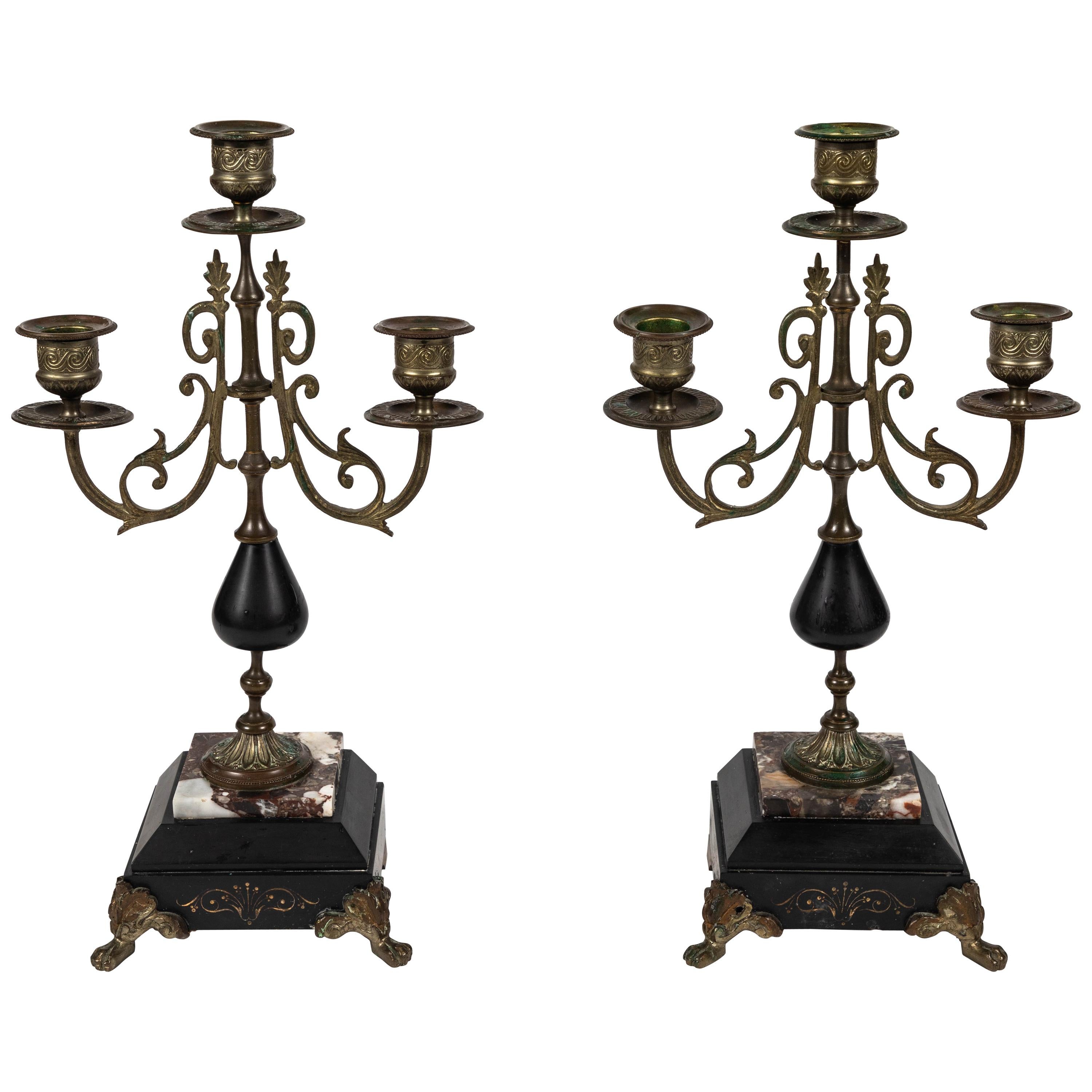 Pair of Antique French Empire Style Marble and Brass Candelabras