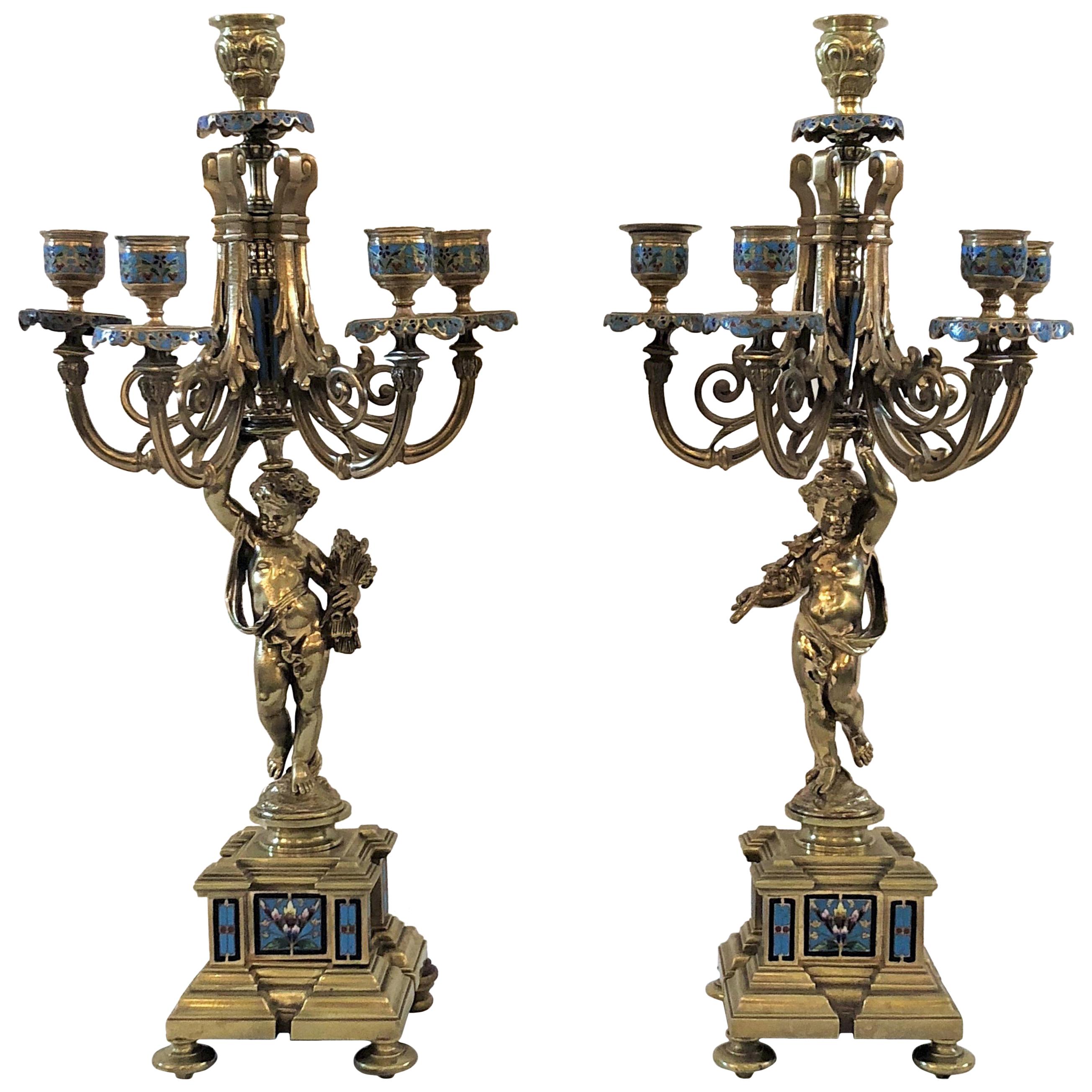 Pair of Antique French Enamel Candelabra, circa 18501860 at 1stDibs