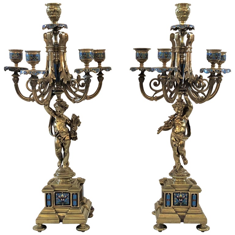 Pair of Antique French Enamel Candelabra, circa 18501860 at 1stDibs