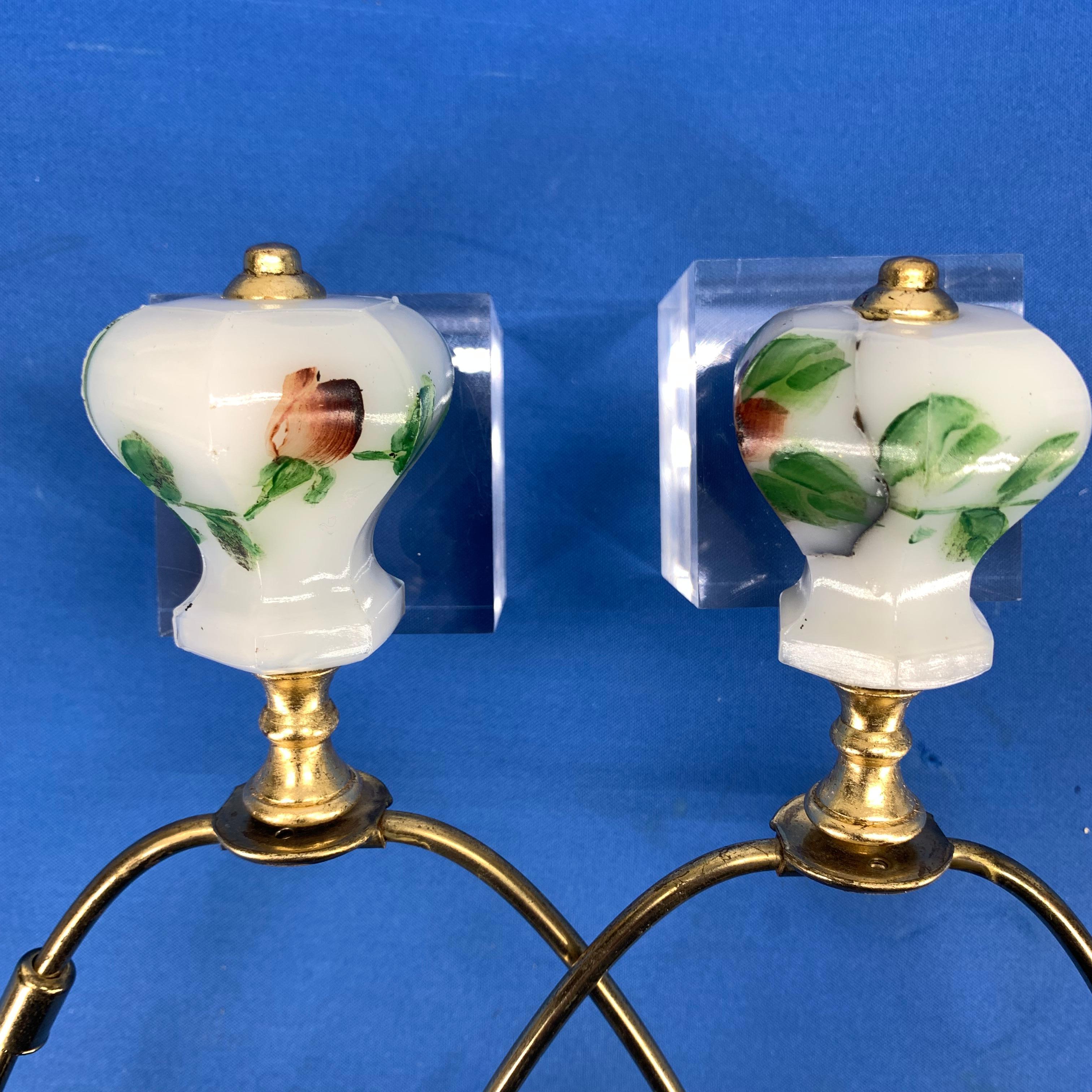 Pair Of Antique French Faceted Flower Decorated And Signed Opaline Table Lamps 13