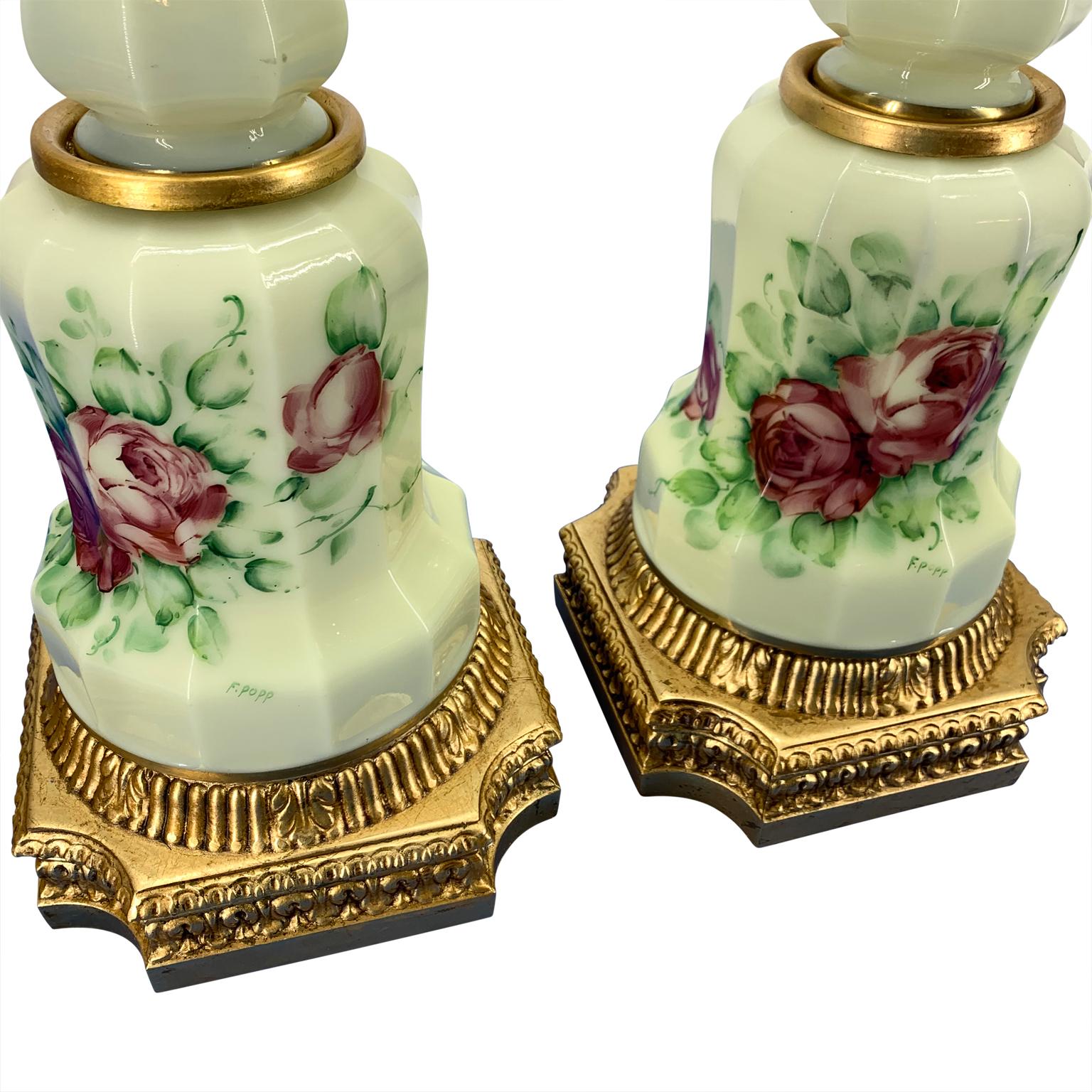 Hand-Painted Pair Of Antique French Faceted Flower Decorated And Signed Opaline Table Lamps