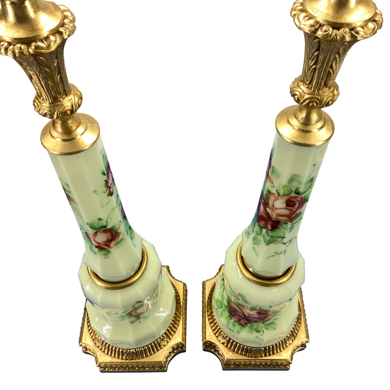 19th Century Pair Of Antique French Faceted Flower Decorated And Signed Opaline Table Lamps