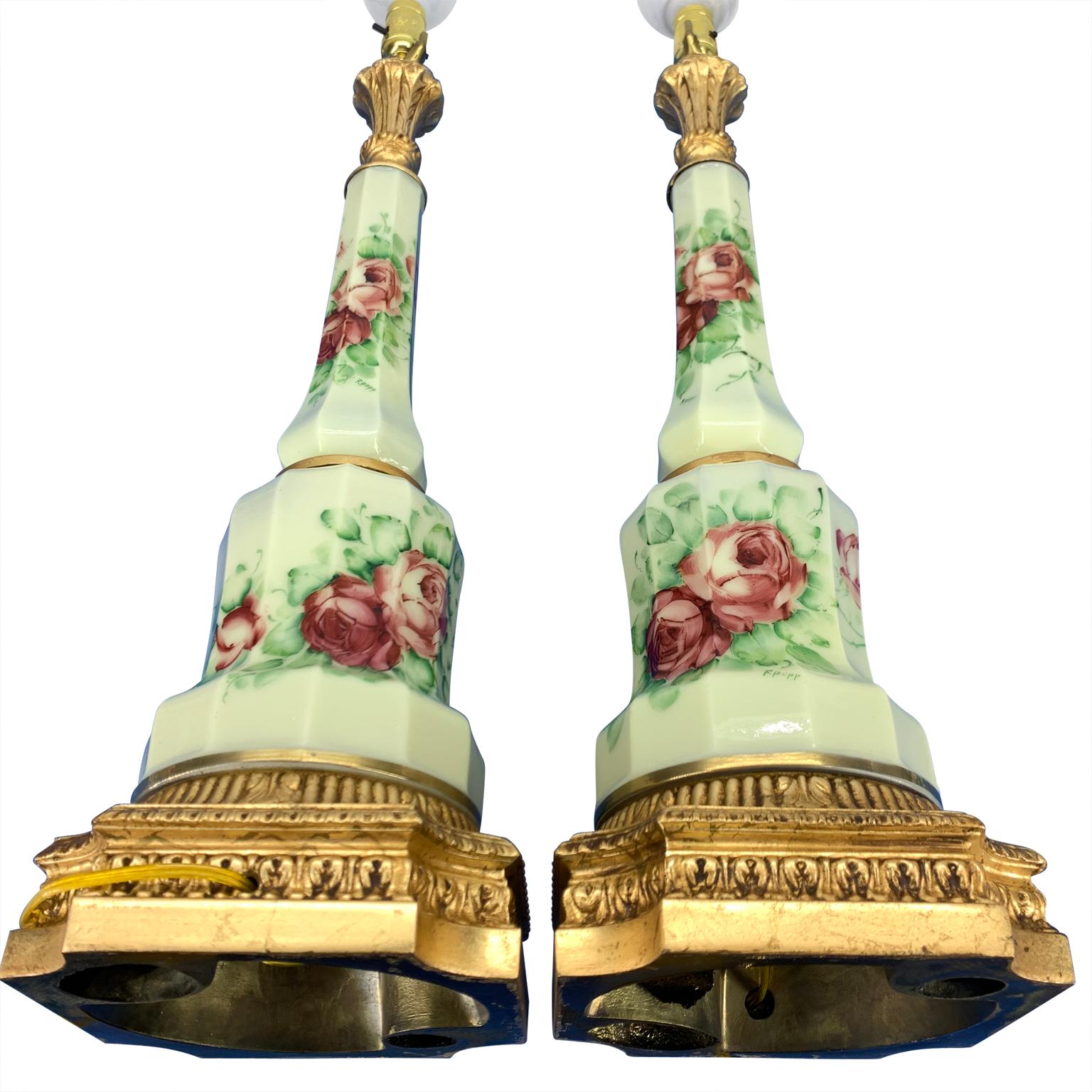 Opaline Glass Pair Of Antique French Faceted Flower Decorated And Signed Opaline Table Lamps