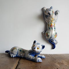 Pair Of Antique French Faience Cat Wall Pockets, Early 20th Century