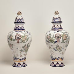 Pair of Antique French Faience Earthenware Lidded Urns