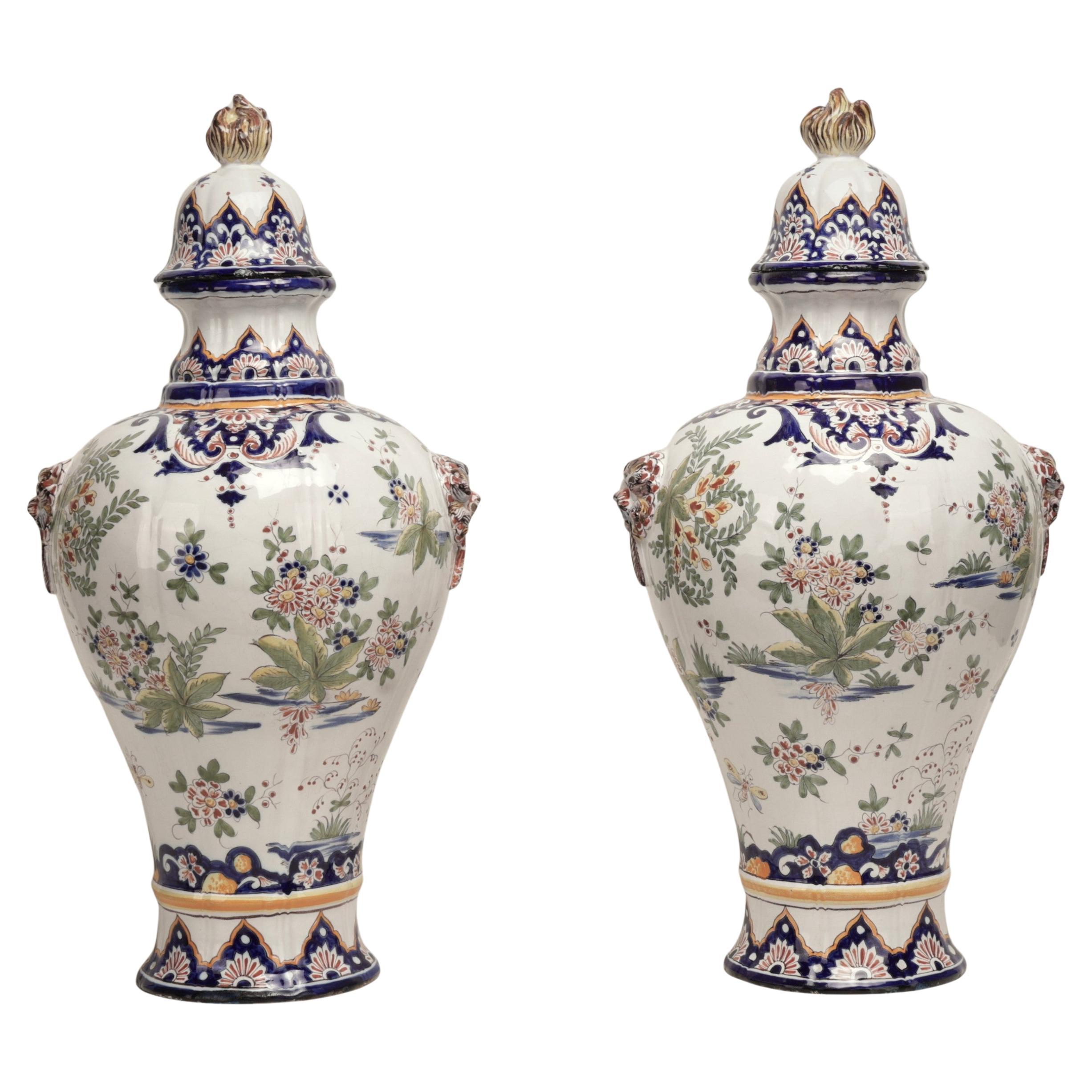 Pair of Antique French Faience Earthenware Lidded Urns