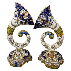 Pair of Antique French Faience Trumpet Vases, circa 1900
