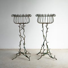 Pair Of Antique French Faux Bois Wrought Iron & Wirework Plant Stand Jardinieres