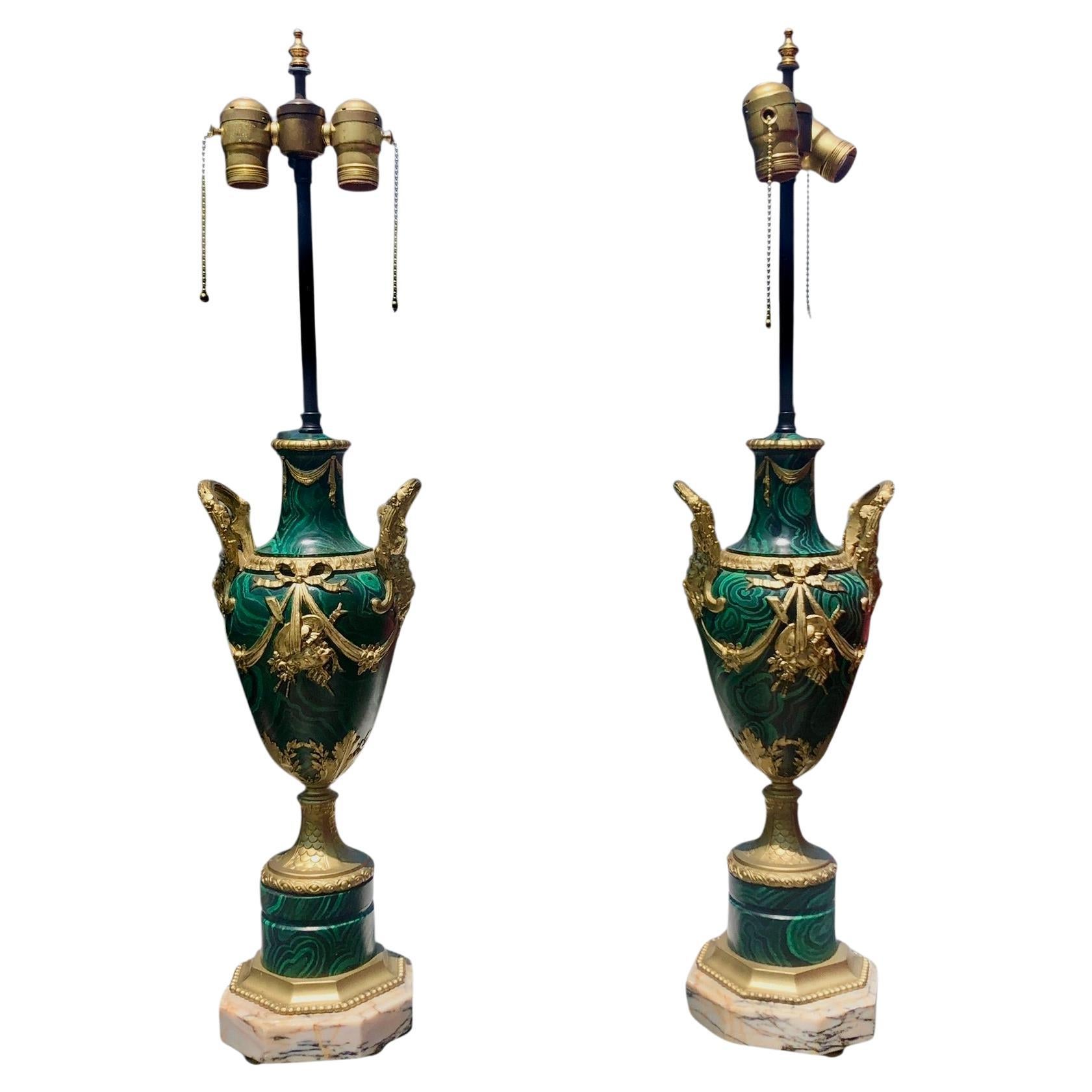 Pair of Antique French Faux Malachite Lamps